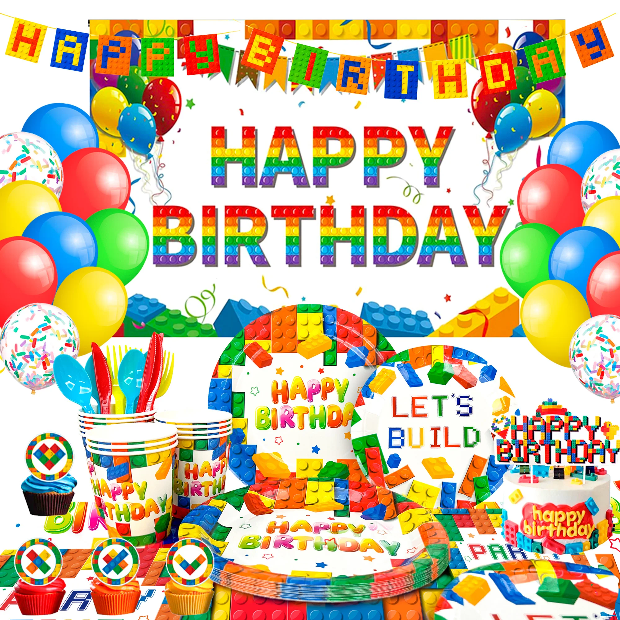 

114 Pcs Building Blocks Party Decorations&Tableware-Plates Tablecloth Banner Backdrop etc Building Blocks Themed Party Supplies