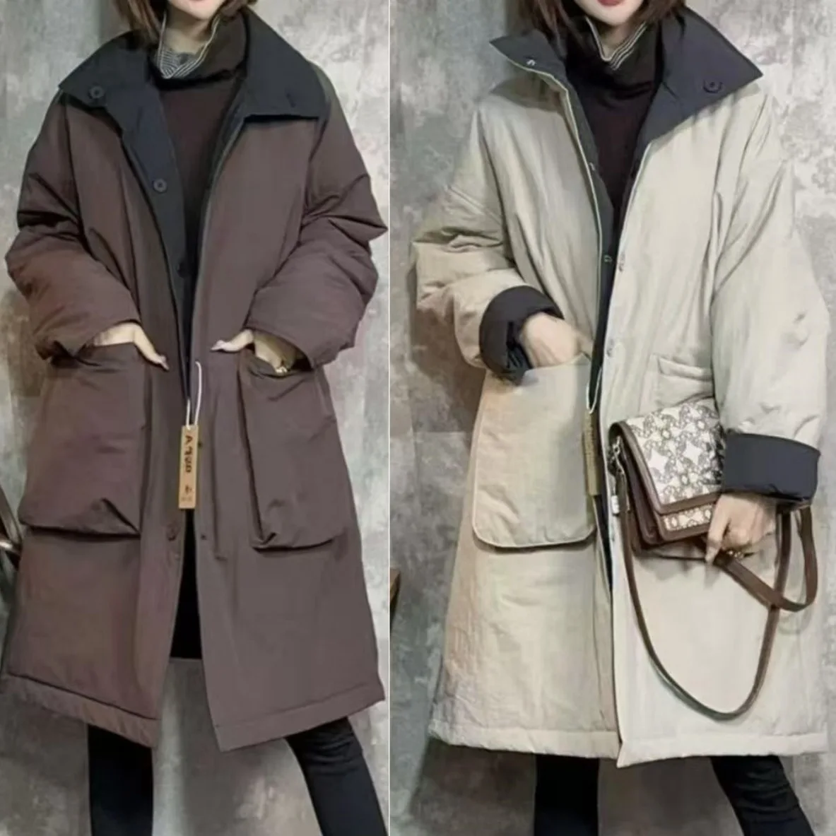 

Reversible Mid-Length Jacket 2025 Winter Loose Top Women Fashion Versatile Turn-Down Collar Large Pocket Cotton Coat