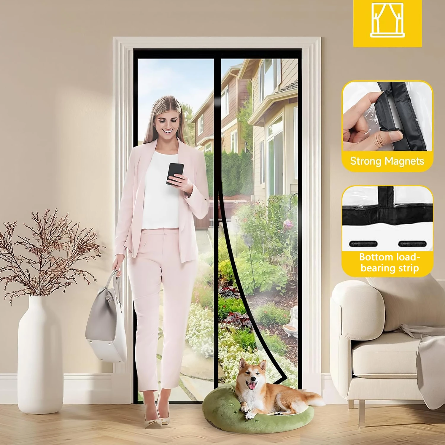 Magnetic Thermal Insulated Door Curtain Transparent No Drill Auto Close Air Conditioner Partition Screen Pet Friendly Black