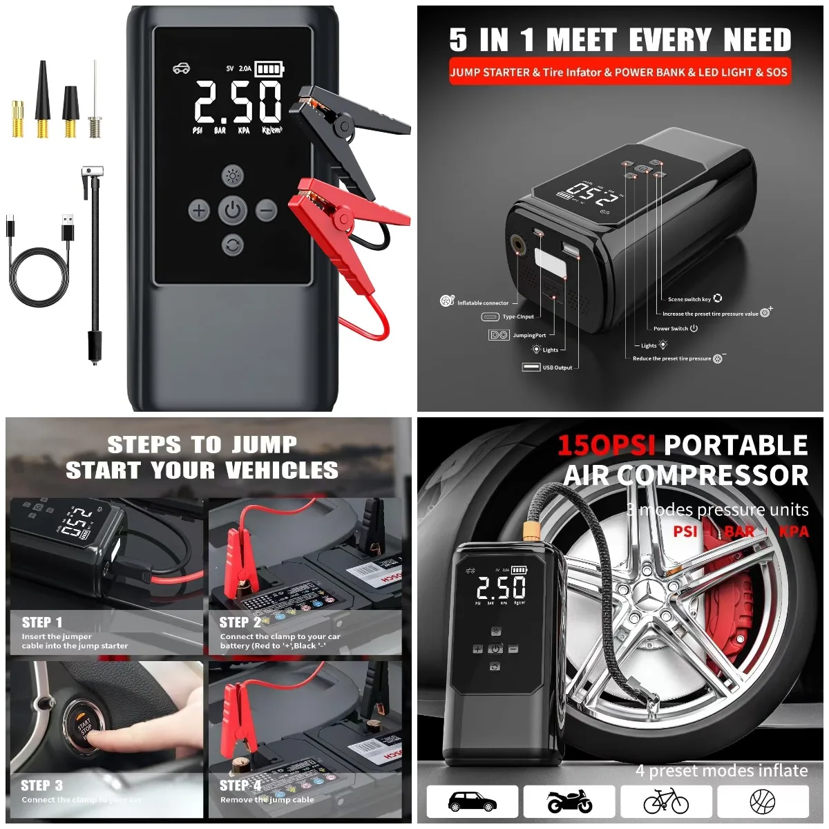 

Portable Jump Starter with Inflator, Power Bank & Flashlight, 24-Month Standby, Heavy Duty & Safe