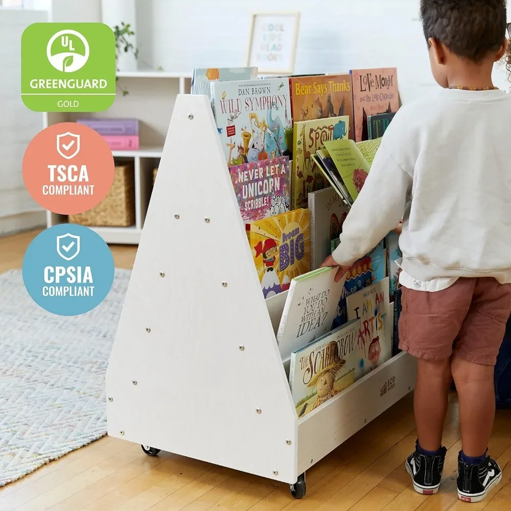 Children's bookshelf, double-sided mobile bookshelf, suitable for movable children's bookshelves in classrooms and living rooms