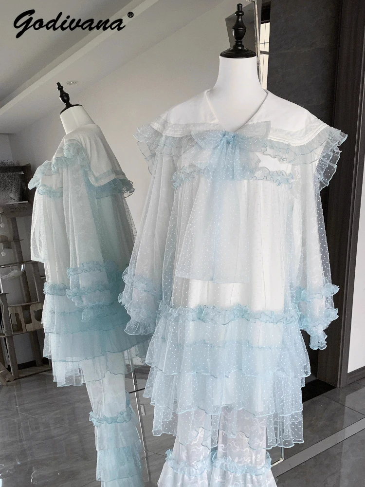 

Original Japanese Mass-produced Large Lapel Polka Dot Long Sleeve Transparent Top Flare Sleeve Subculture Girls Pants Set
