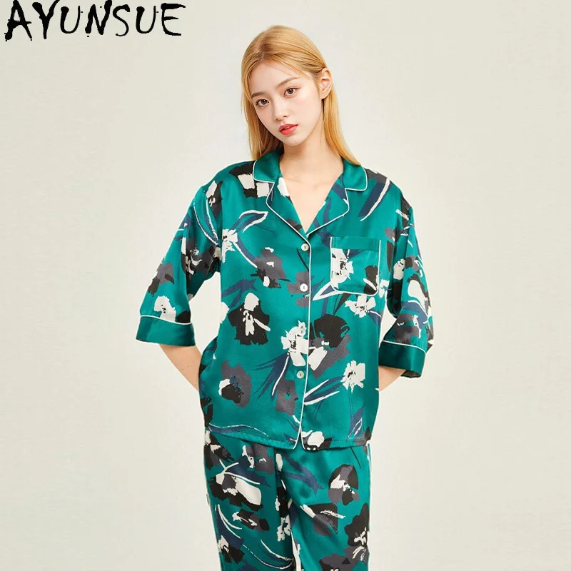 AYUNSUE Real Silk Pajamas for Women Casual Stylish Pajama Sets Half Sleeve Tops Long Pants Womens Matching Sets Пижама Женская