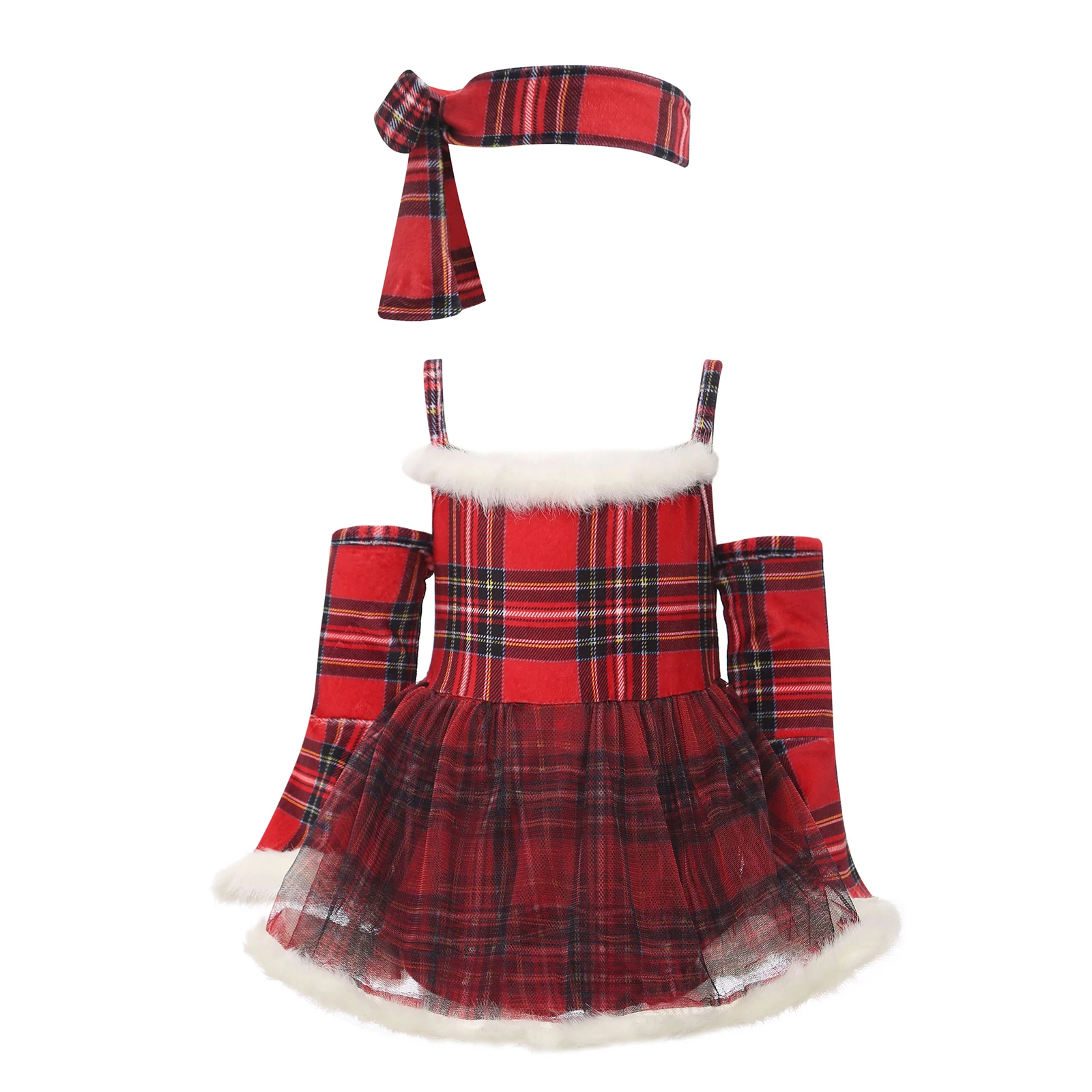 Toddler Baby Girls Christmas Dress Carnival New Year Party Clothes Cold Sleeve Plaid Snowflake Dresses Leotard with Headband