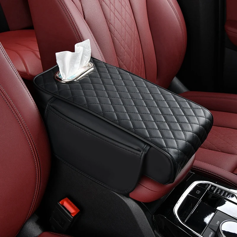 Car Armrest Cover PU Leather With Tissue Storage Memory Foam Height Pad Auto Center Armrest Protective Cushion Support