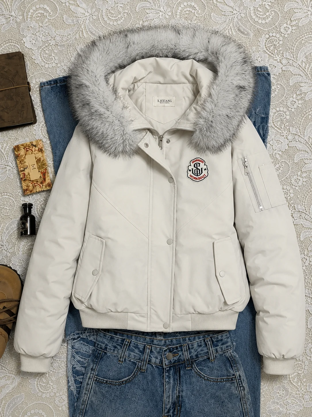 Korean Fashion Cotton‑padded Jacket Harajuku Casual Outerwear Tops Women Faux Fur Collar Parkas Coats Y2K American Vintage
