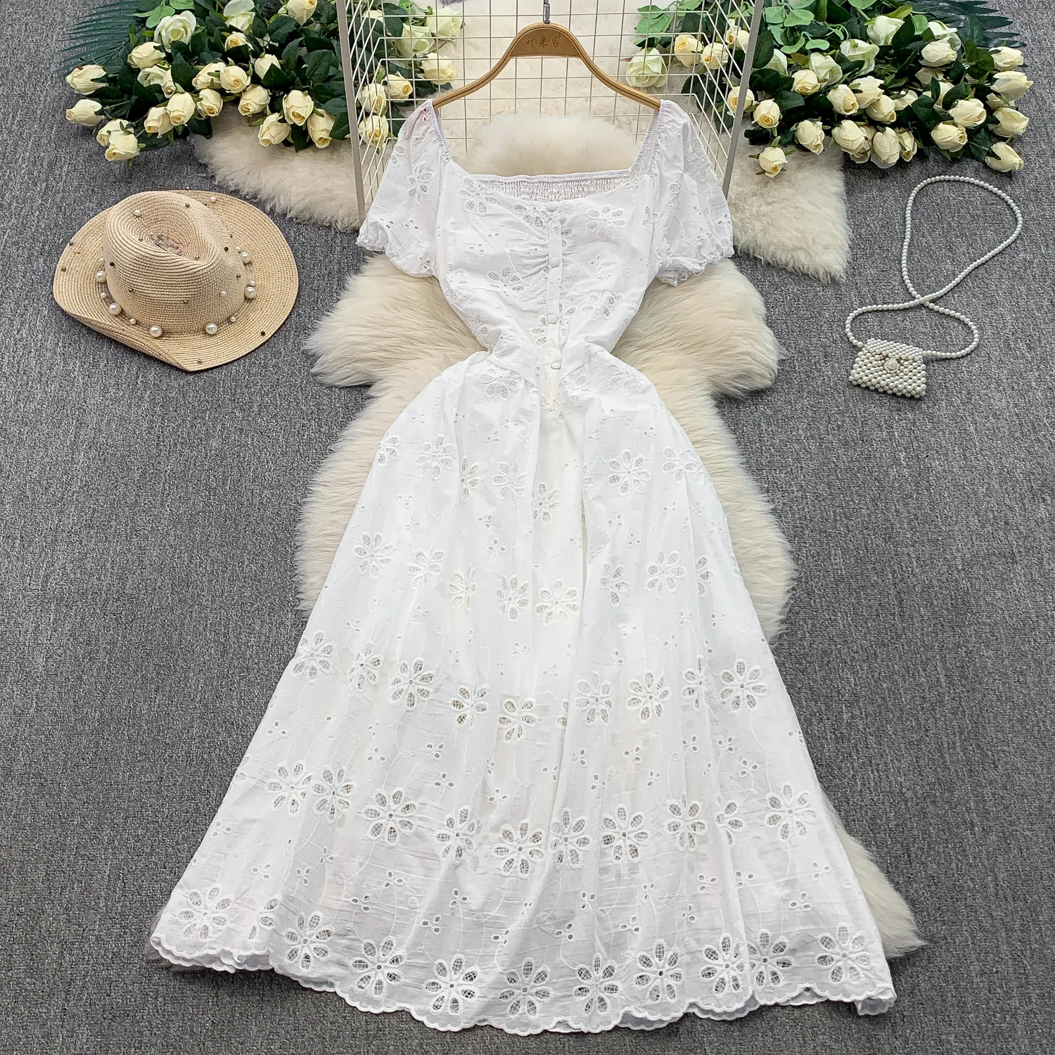 Chic vintage เซ็กซี่ Hollow out ปัก Fairy ฤดูร้อนผู้หญิง Boho Sundress เสื้อผ้าผู้หญิงชุดยาว