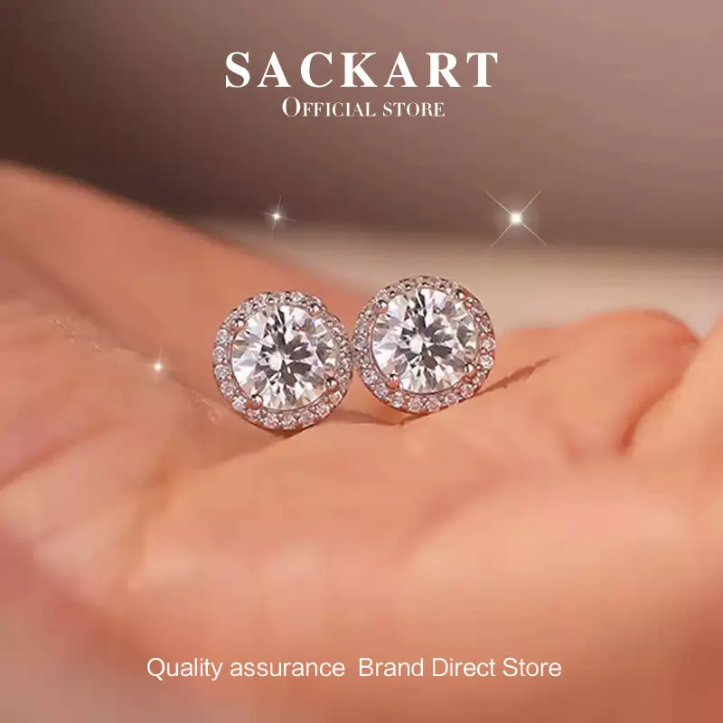 SACKART Silver 925 Hoop Earrings Moissanite Round Original 100% 18K Gold Earring Luxury Sterling  1-10ct Woman Wedding Jewelry