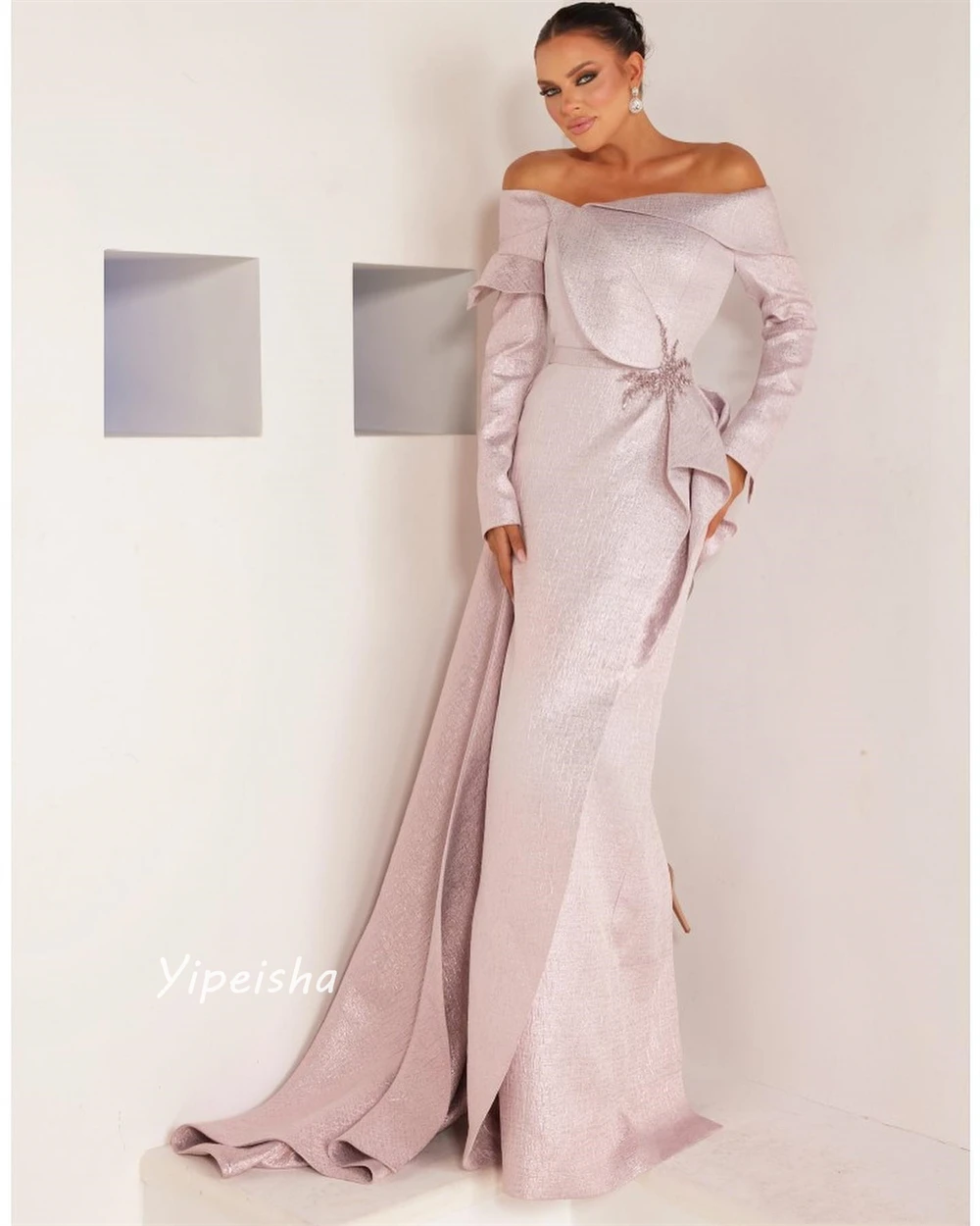 Yipeisha Fashion Exquisite Off-the-shoulder A-line Beading Draped Floor length Skirts Charmeuse Prom Dresses