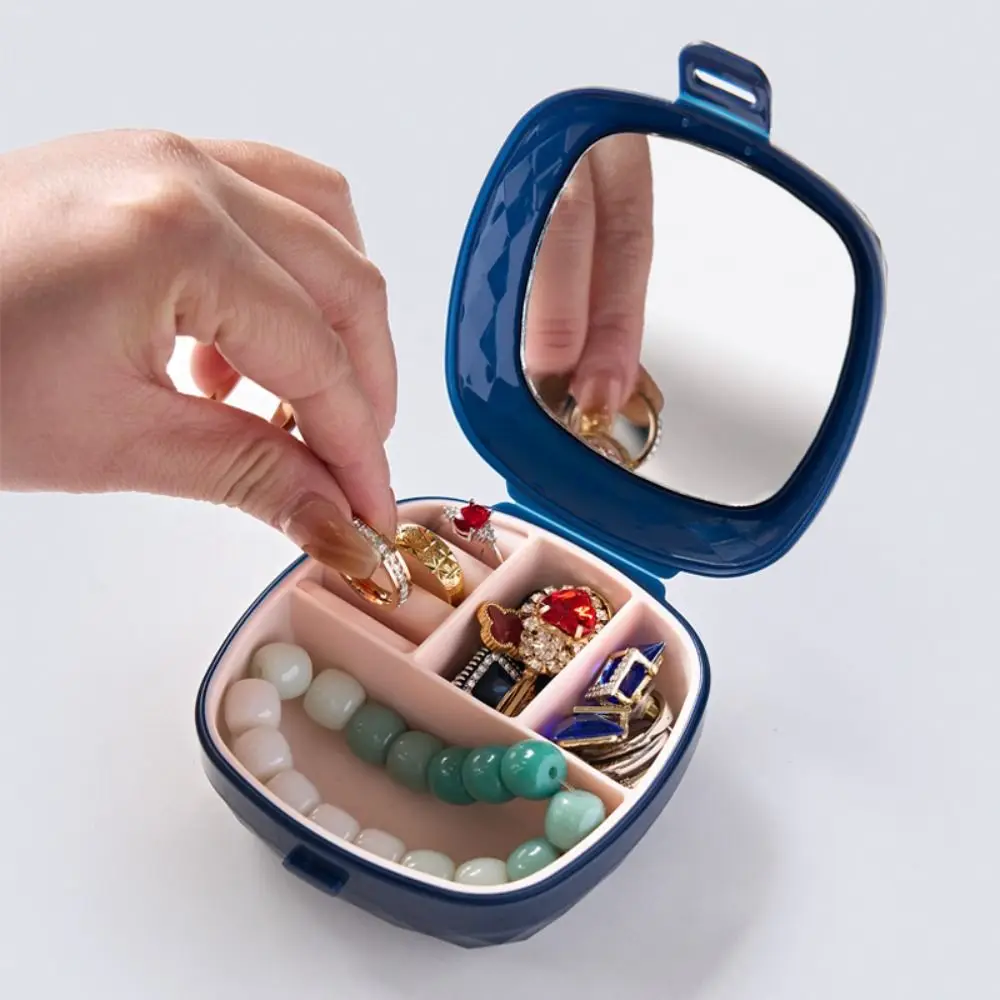 صندوق تخزين المجوهرات البلاستيكي المحمول مع مرآة أقراط الماس وحلقة عرض حافظة مكياج للسفر مقاومة للماء للمرأة