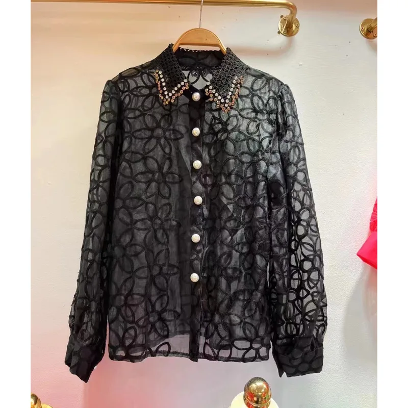 SuperAen 2024 Autumn European and American Style Hollowed Out Mesh Diamond Bubble Sleeve Design Niche Shirt