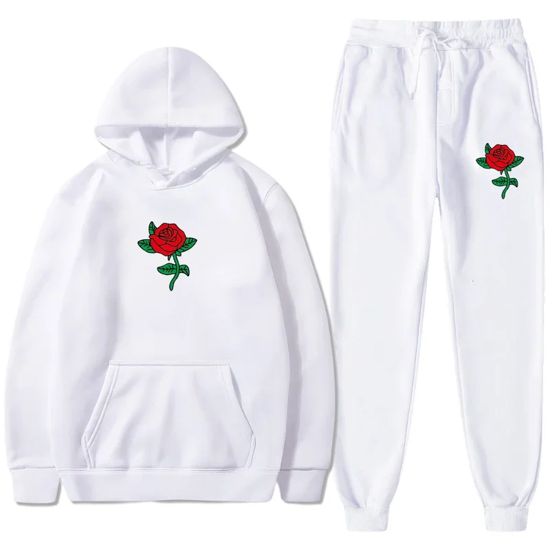 2-piece Set Hoodies Sweatpants Suit Rose Flower Print Tracksuit Men Women Sweatshirt Suit Fleece Hoodie Pants Jogging Pullover