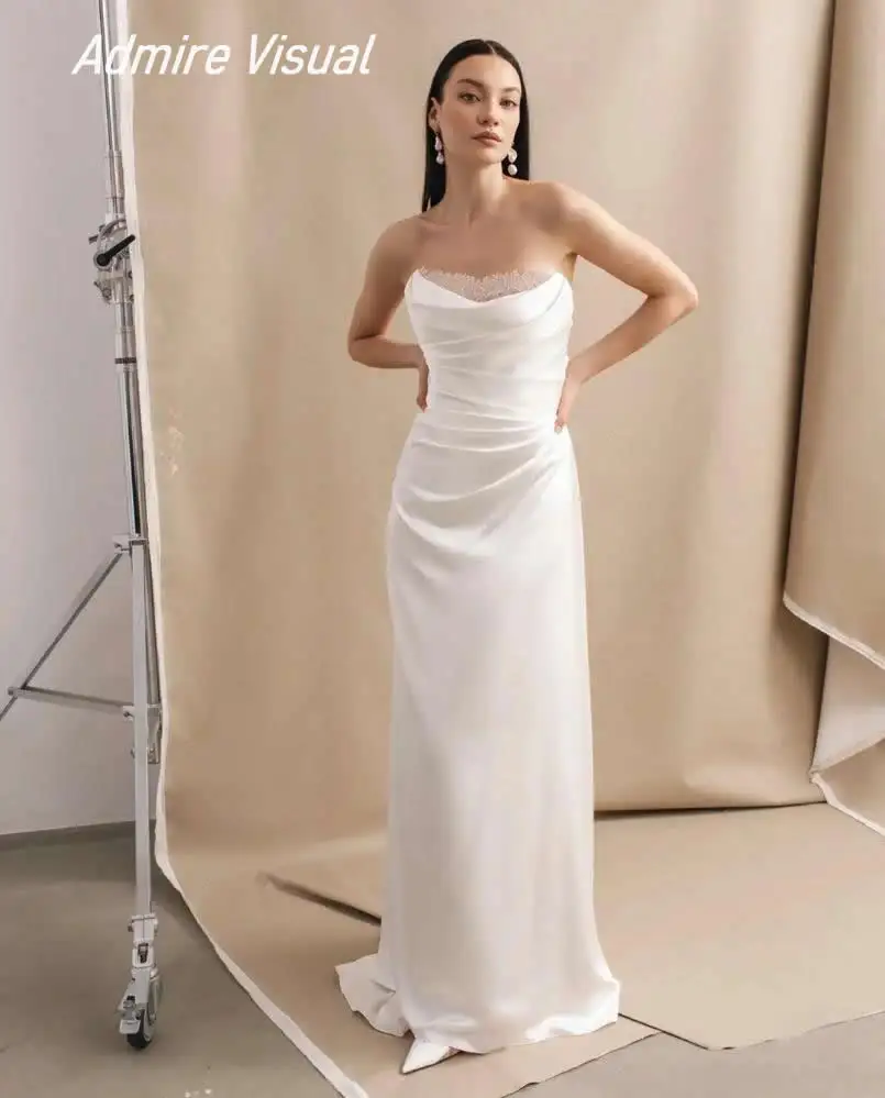 Newest Wedding Dress Sheath Satin Strapless Sleeveless With  Beading Customized Vestidos Bride Gown De Novias