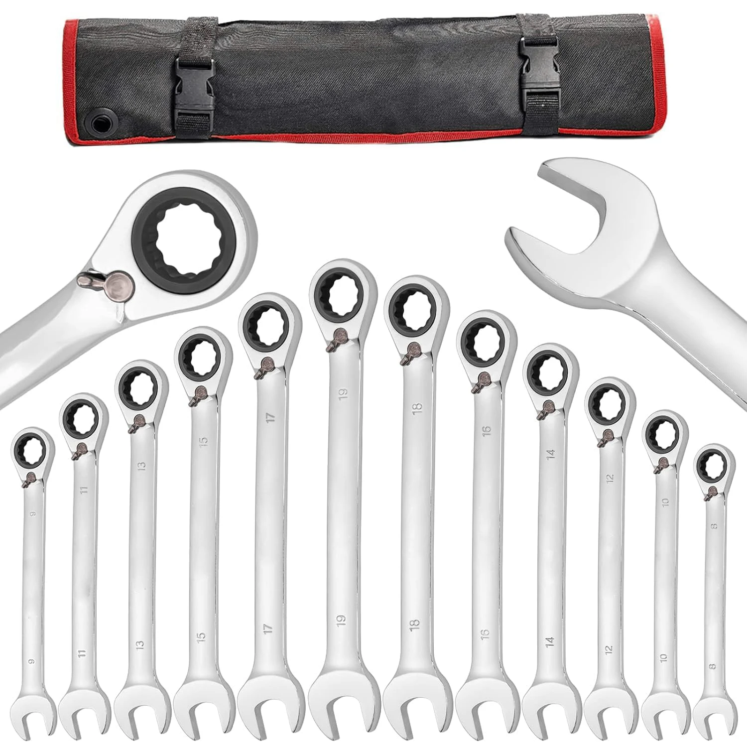 12-Piece Metric 6-19mm Ratcheting Wrench Set,Fixed Head Ratcheting Combination Wrenchs with Storage Bag