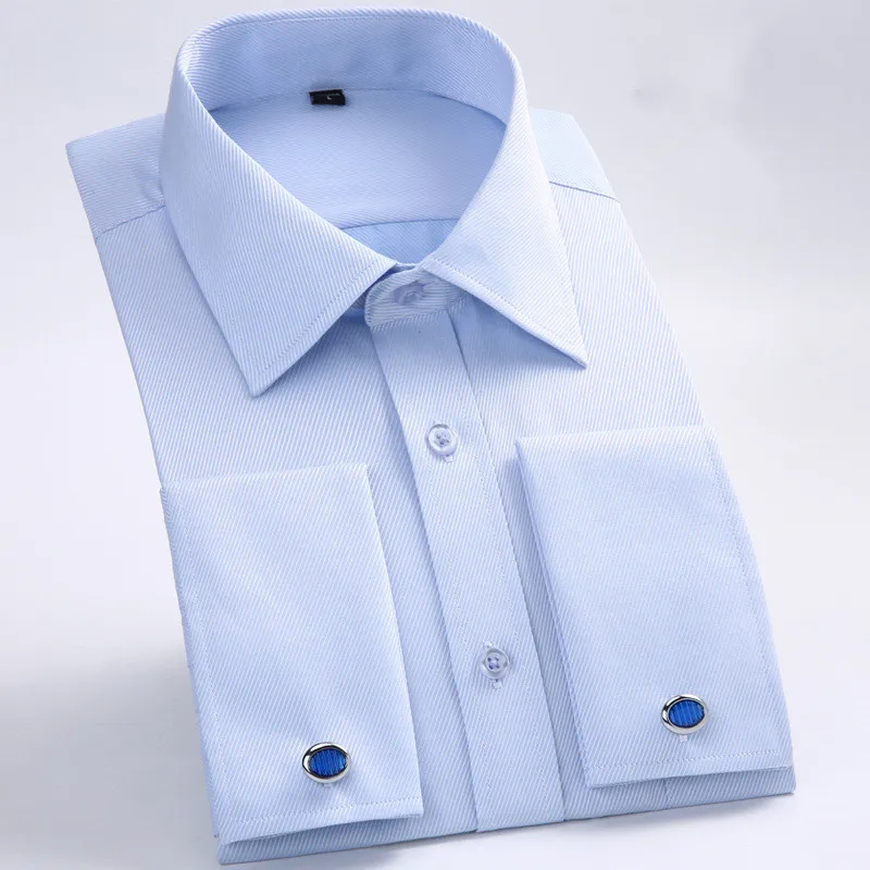 Camisa de vestir Social con puños franceses clásicos para hombre, camisas blancas formales de negocios de ajuste estándar de manga larga para fiesta