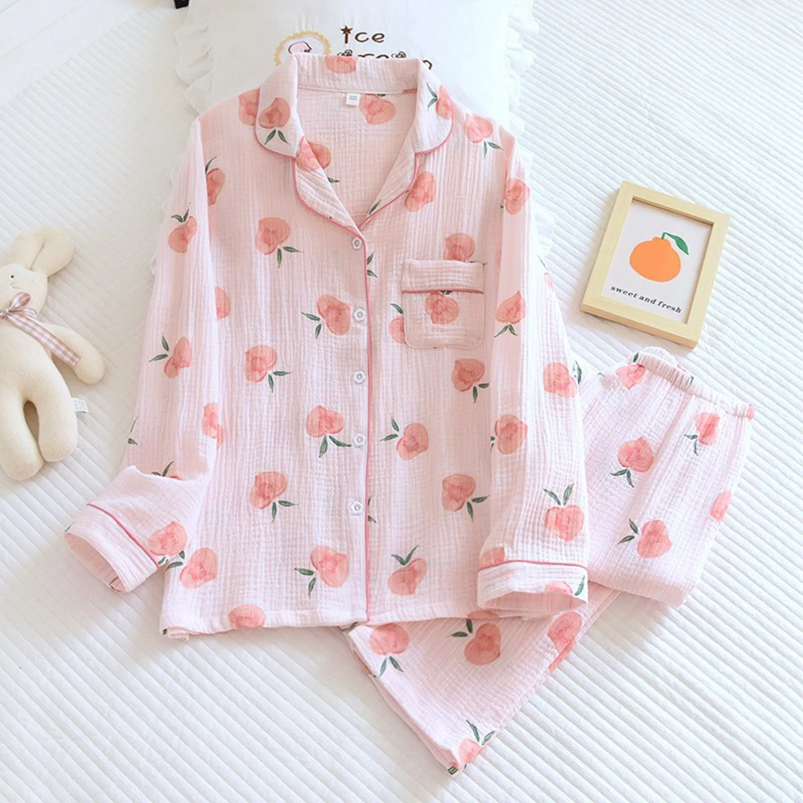 Women Spring Autumn And Summer Thin Pajamas Cute Pink Peach Print Cardigan Wear Set Fleece Pajamas Women Set