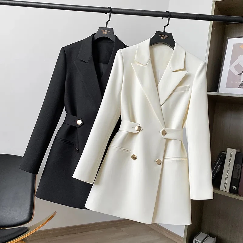 New Women's Suit Jacket Spring Autumn Solid Color Double Breasted Fashion Straight Suits Coat Office Female Casual Blazer Black