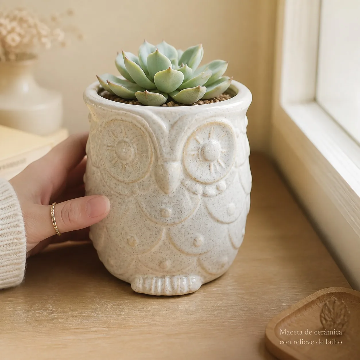 Pot de fleurs en céramique avec relief de hibou, 15x15x15,5 cm, pot décoratif pour plantes succulentes et plantes d'intérieur, design animal blanc crème mat pour table et balcon