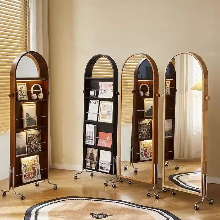 Second-hand newspaper rack solid wood removable full-length mirror floor magazine rack mirror floor storage rack simple bedroom