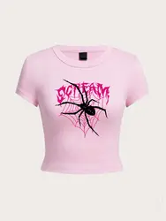 Harajuku Woman Crop Top Scream Spiders Cobwebs Printing Tee Shirts Comfortable O-Neck Soft Streetwear Sexy Club Female Clothes
