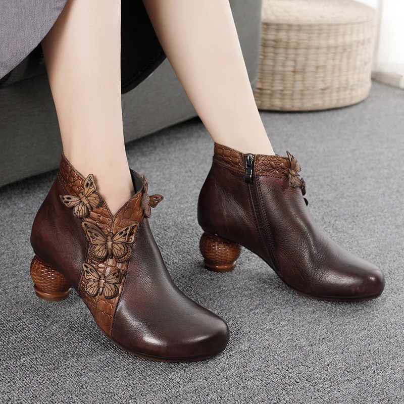 Women Leather Ankle Boots High Heels Flower Shoes Handmade Genuine Leather Women Knight Boots Retro Shoes Autumn