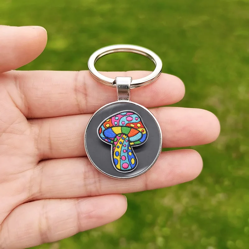 Peace Dove Love Heart Keychain Moon And Sun Cartoon Bus Mushroom Creative Glass Pattern Handmade Keyring Jewelry
