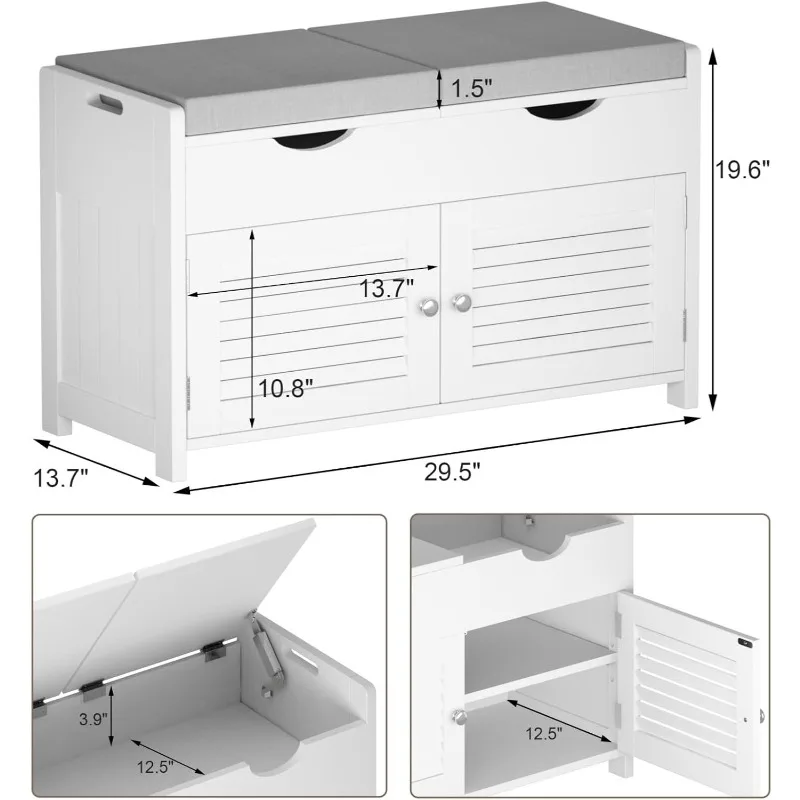 Shoe Storage Bench with Lift Top Storage, Entryway Bench with 2 Cushioned Seats, 3 Compartments, Adjustable Shelf, Shoe Cabinet