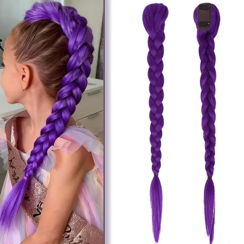66cm Purple Braided Hair Ponytail Extensions for Kids Cosplay Long Purple Braids Rumi Hairstyle for Kids Christmas Party Use