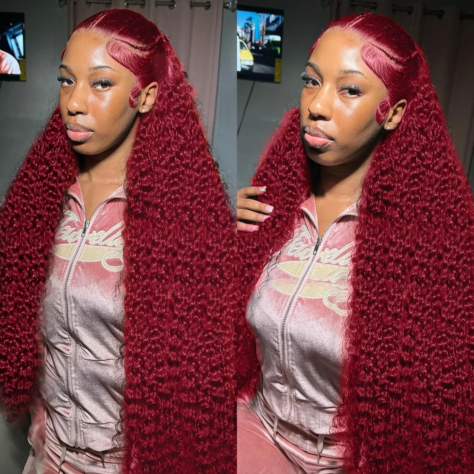 99J Burgundy Deep Wave 13x4 Lace Front Human Hair Wig Wear Go Glueless Red Curly Lace Frontal Wig For Women Prepluck 180 Density