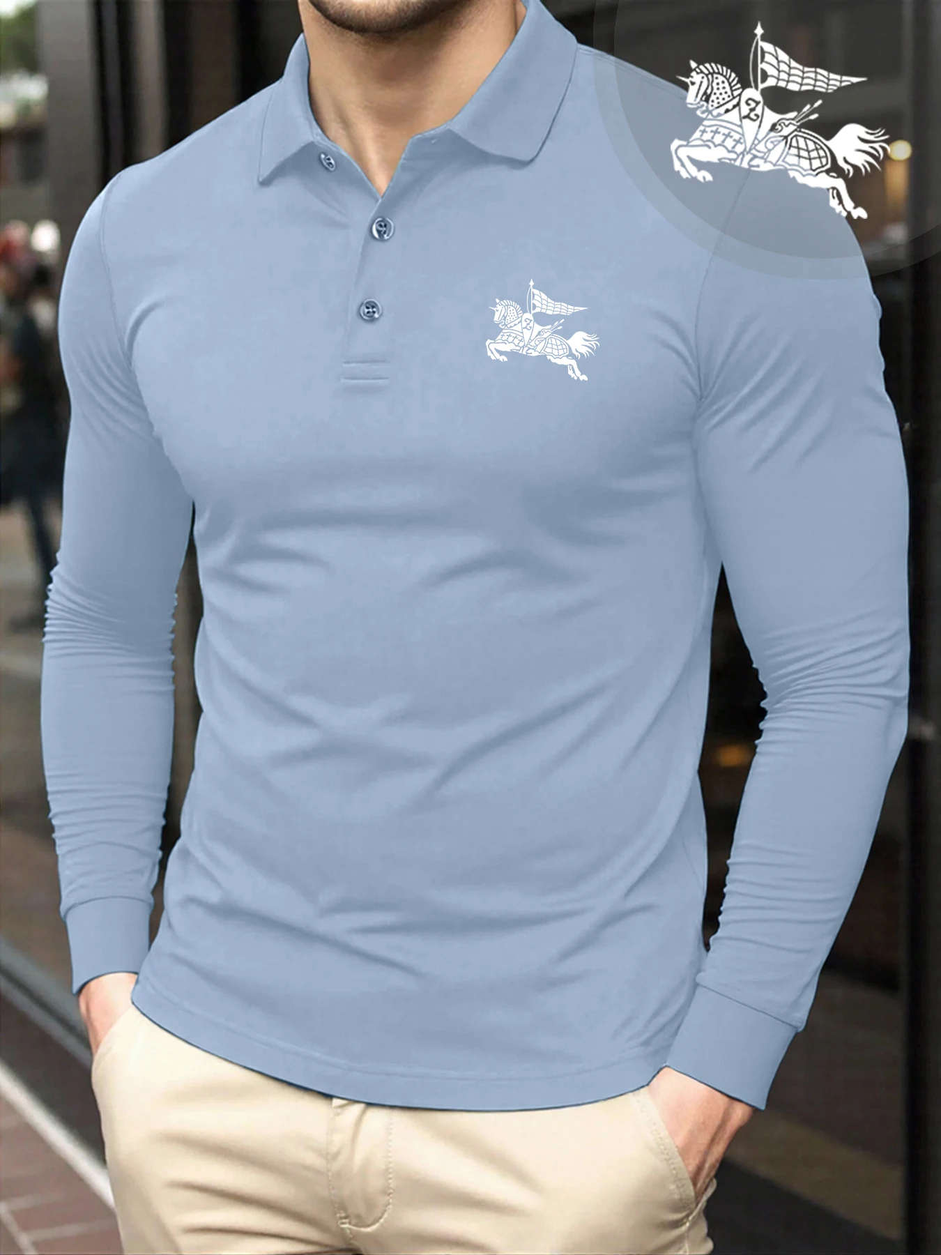 

Horse Jumping Print Fashion T Shirts Men Comfortable Casual Polo Shirt Autumn Retro Clothing Turn-Down Collar Soft Long Sleeve