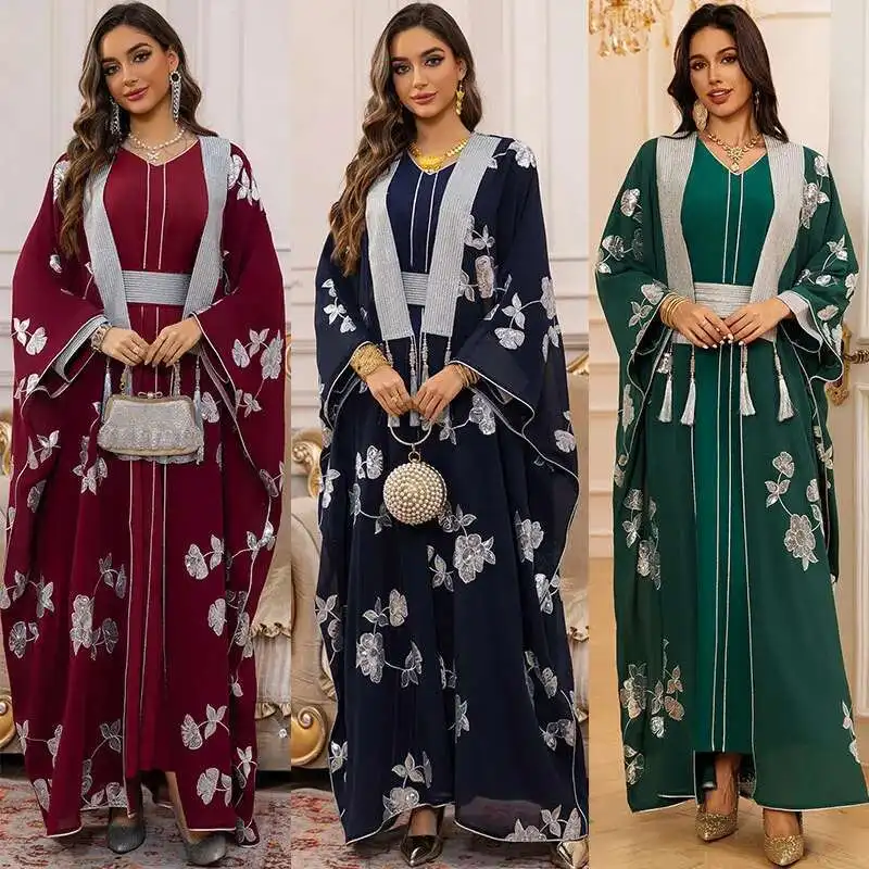 

Ab462 Embroidered Large Robe Dress Jalabiya Set 2025 Muslim Long Dress Robe Abaya Ramadan Dubai Luxury Islam Elegant