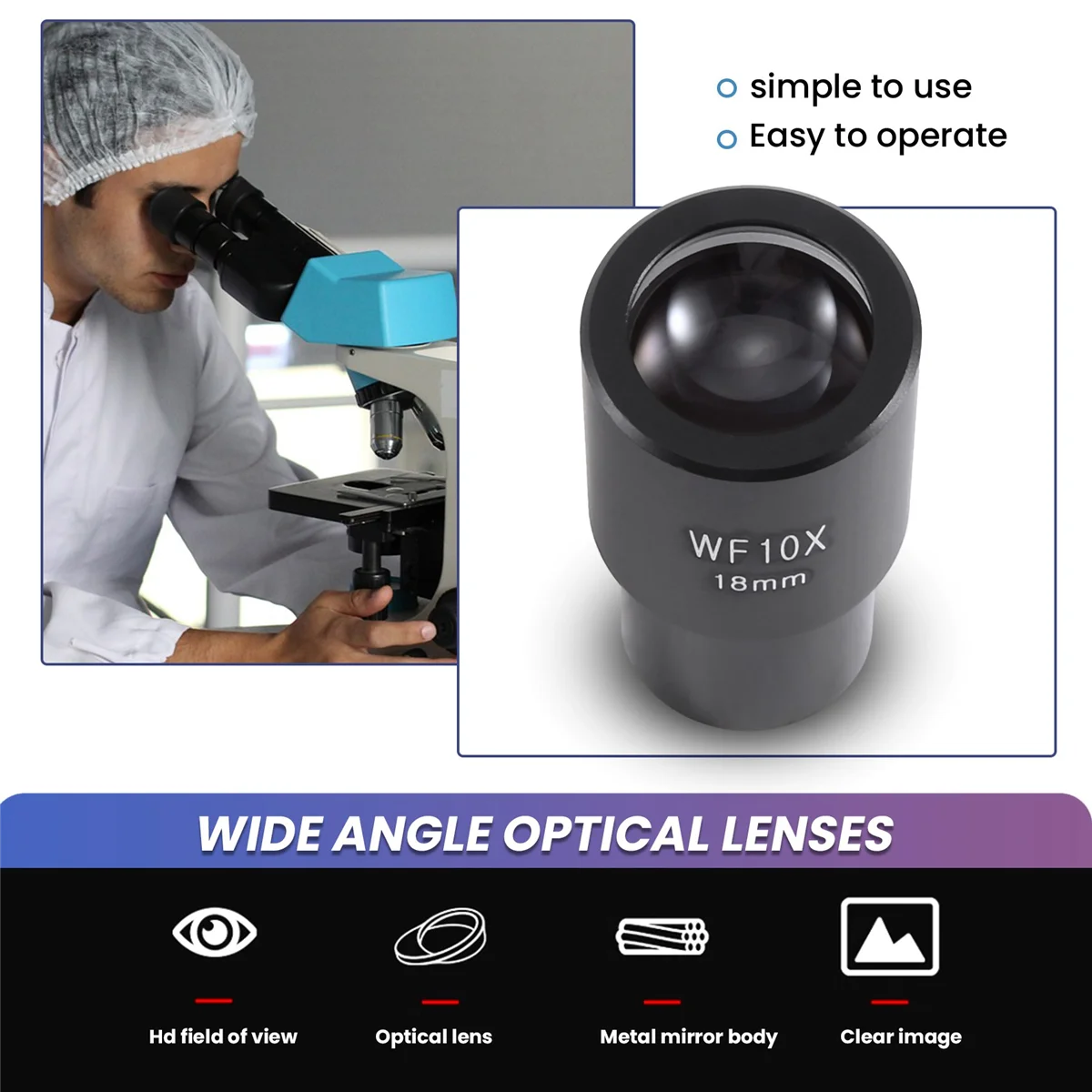 Ocular profissional do microscópio, lentes óticas largas do ângulo, campo do adaptador, lente ocular, 10X, 18mm