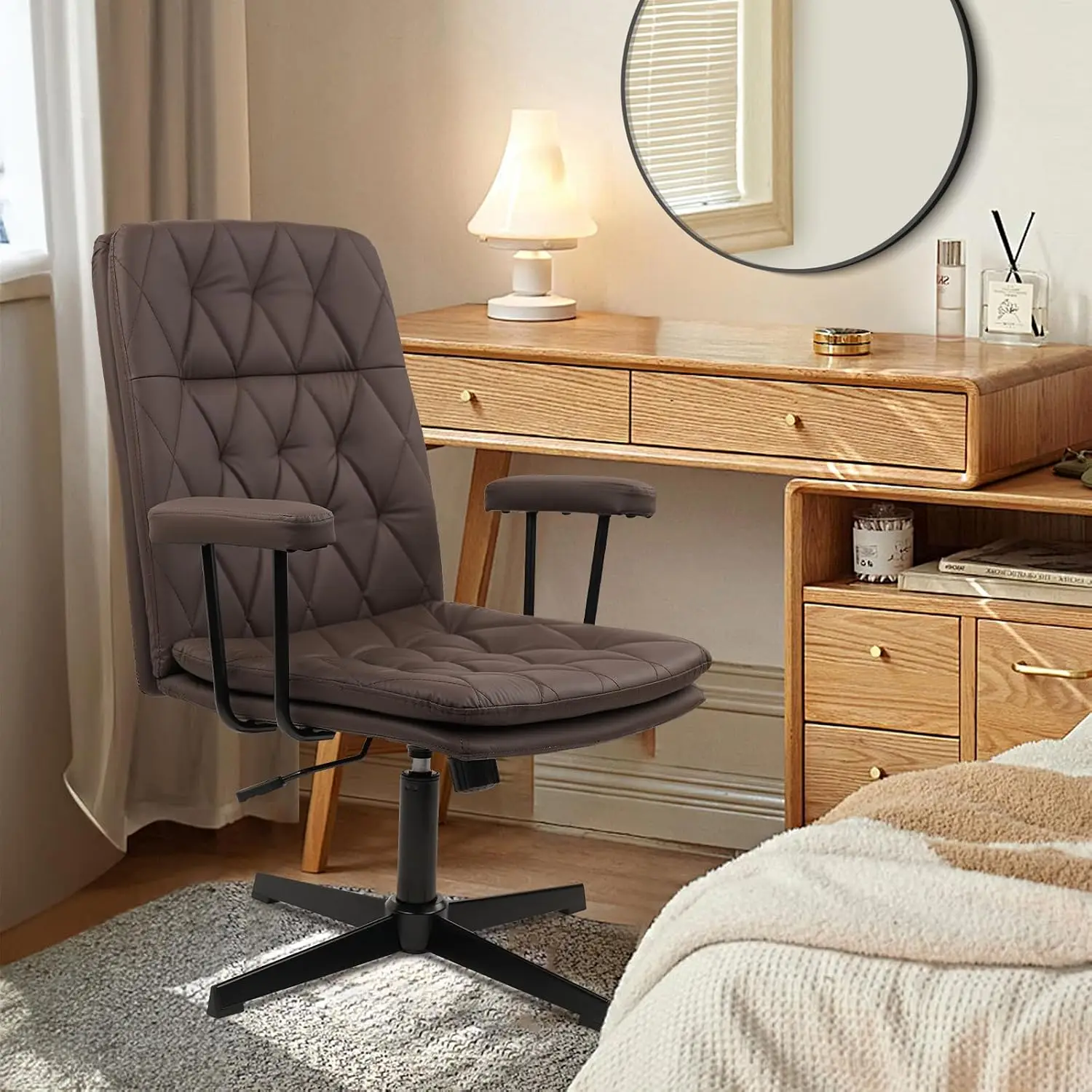 Brown Leather Office Chair No Wheels Criss Cross Desk Chair with Arms Mid Back Height Adjustable Swivel Task Chair for Home Offi