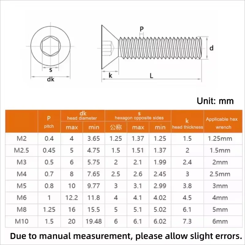 T2 Copper Flat Head Hexagon Socket Bolt M2 ~ M10 Countersunk Head Hex Screw Bolt Length 4~50 mm