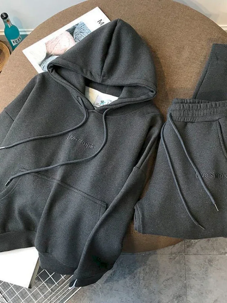 Autumn Winter New Suit Thickened Big Velvet Pullover Hooded Women\'s Sports and Leisure Two-piece Trousers