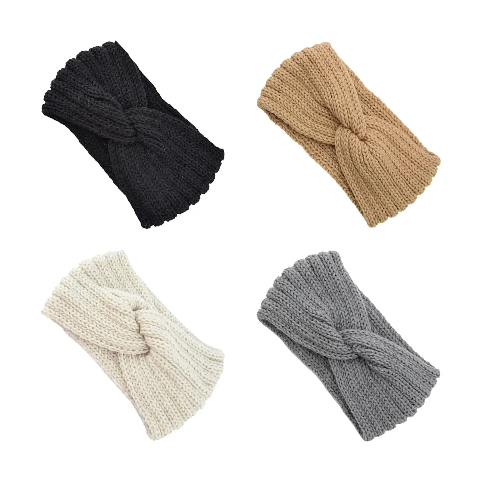 

4Pcs Hand-Knitted Woolen Yarn Hair Band Knotted Cross Wide-Edged Ear Protective Headwear Warm Woven Hairband for Outdoor Winter