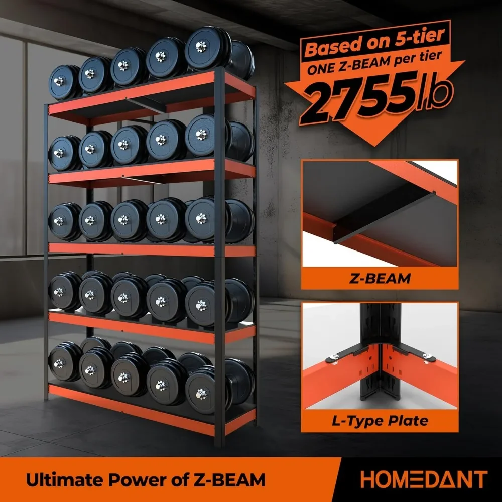 HOMEDANT House 5-Tier Orange-Black 48.1" W x 24.4" D x 71.3" H Laminated Metal Shelving Unit Adjustable Storage Utility Rack