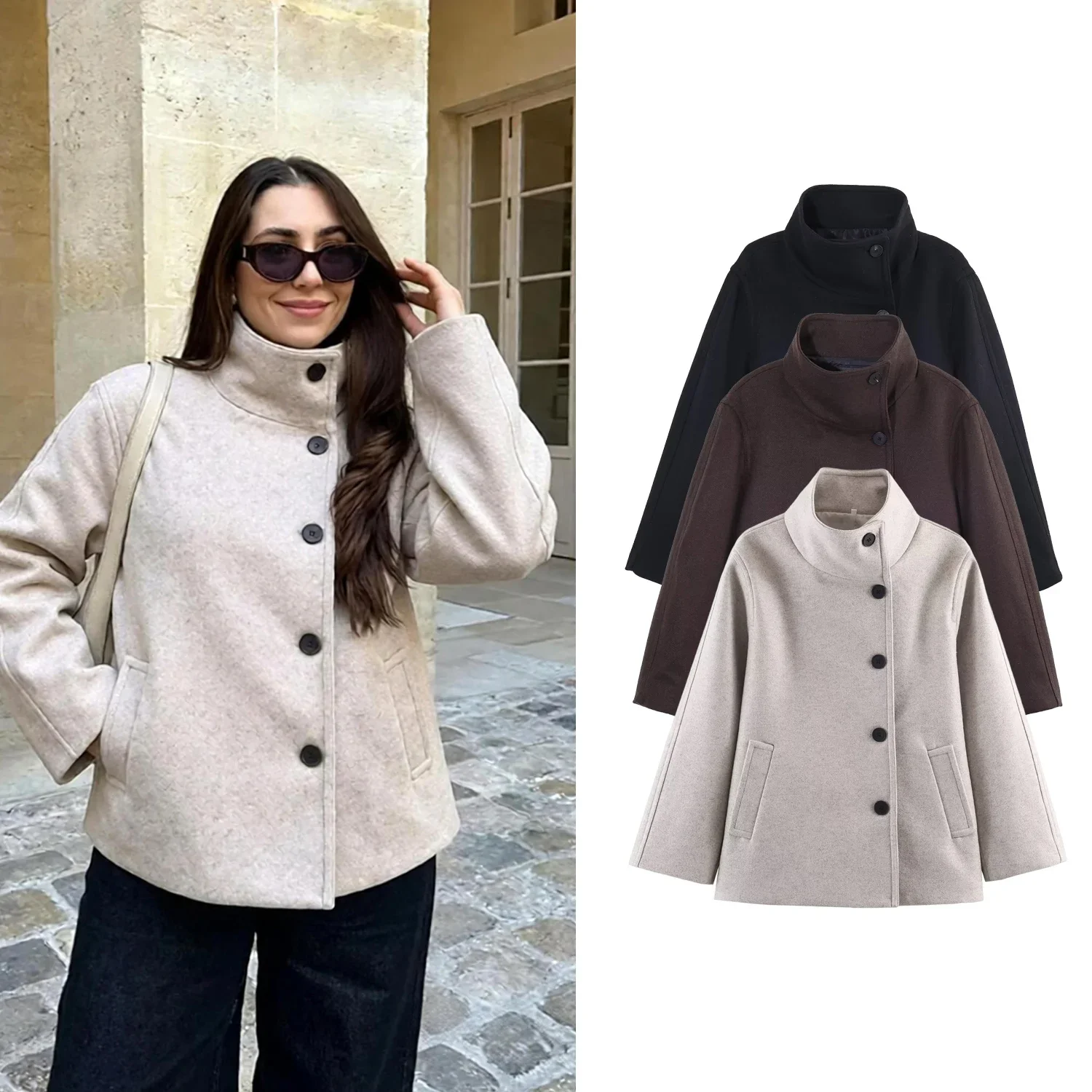 Brown Woolen Women's Jackets Spring Autumn New Female Stand Single Breasted Long Sleeved Coat Lady Street Elegant Woolen Coats