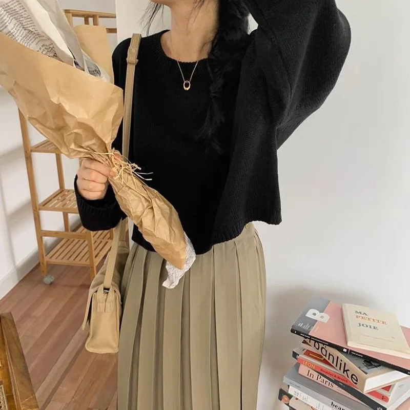 

Pullovers Women Chic Korean Style Solid Autumn Jumpers Womens All-match Loose Short Sweaters Female Fashion Ins Ulzzang Harajuku