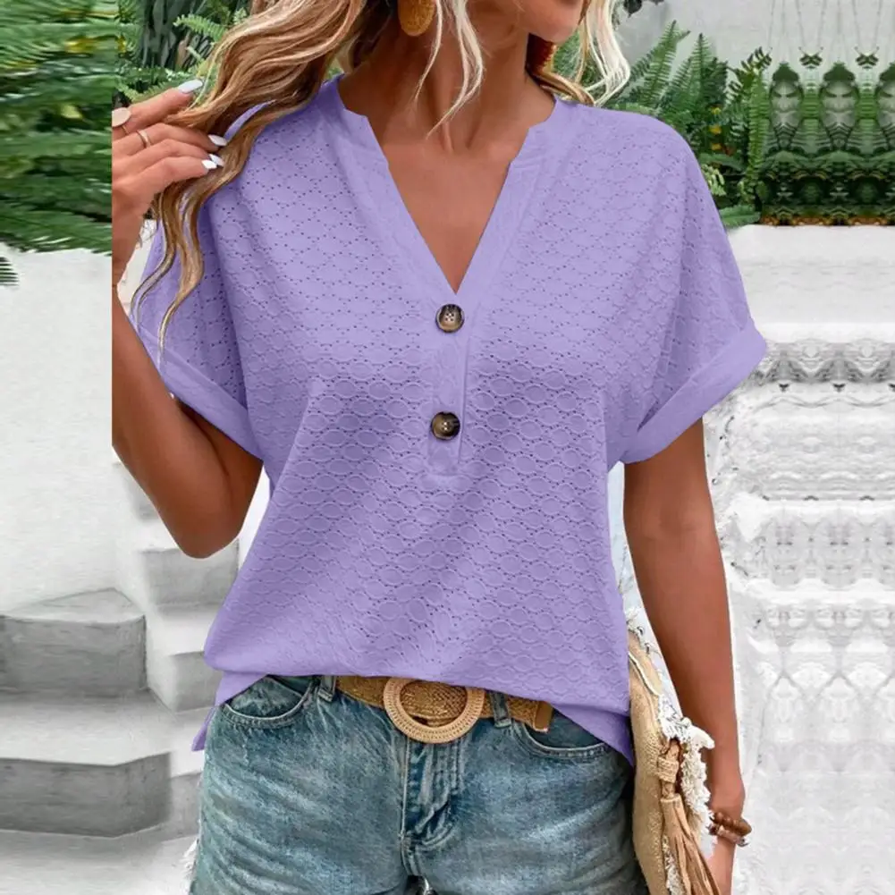 Breathable Women\'s V-neck Summer Tops Soft Pullover with Hollow Out Design Loose Fit  Button Decor Stylish Female Clothing