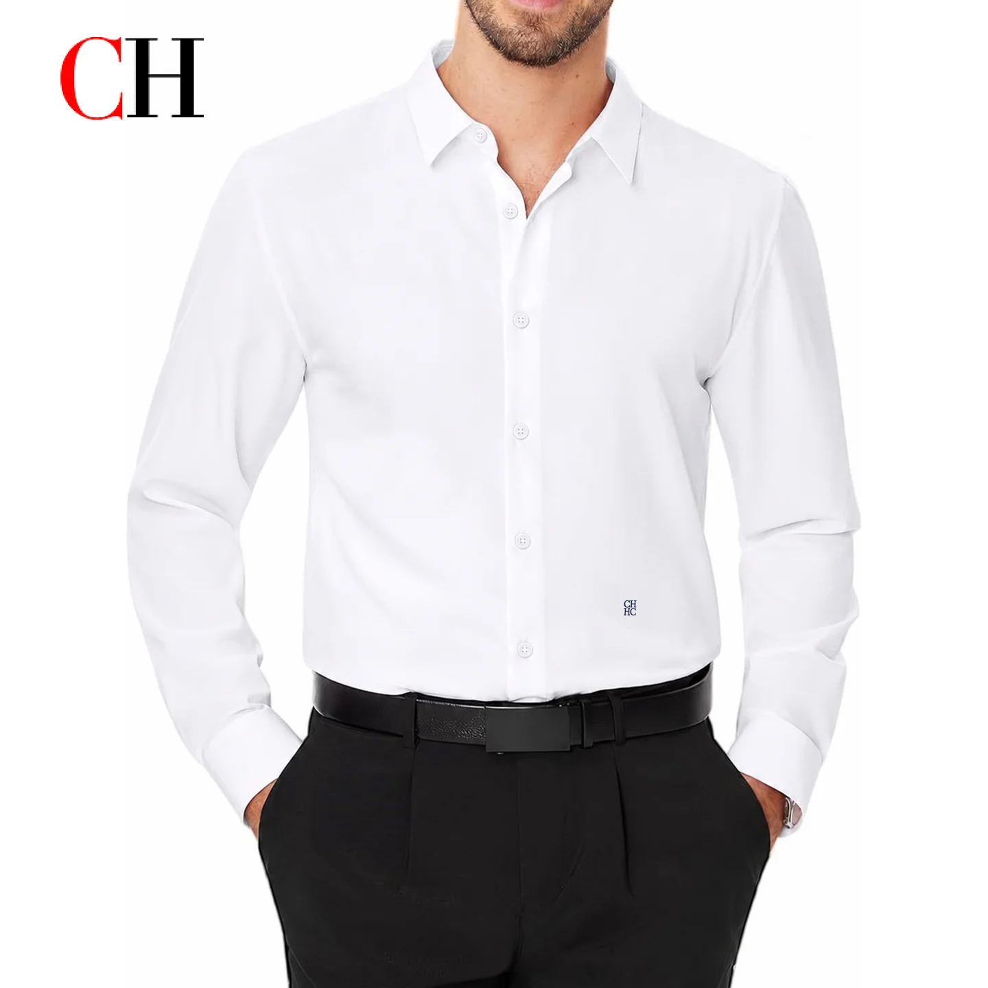 CH Men's Long Sleeve Dress Shirt Classic Button Up Formal Business Shirt Elegant Slim Fit Office Wear Casual Workwear Top Men