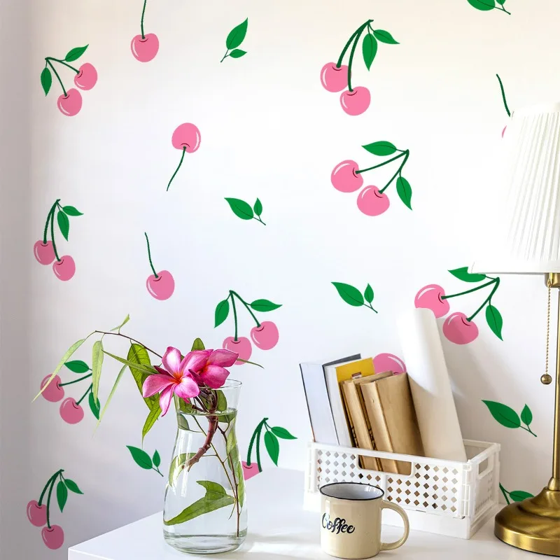 Red Cherry Wall Stickers For Kids Room Decor Living Room Cherry Fruit Mural Decals Bohemian Cherries Green Leaf Window Wallpaper view 4