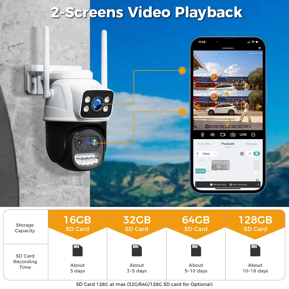 Hiseeu 9-мегапиксельная Wi-Fi IP-камера с тремя объективами и двойным экраном с 8-кратным зумом PTZ-камера Красочная камера ночного видения для видеонаблюдения