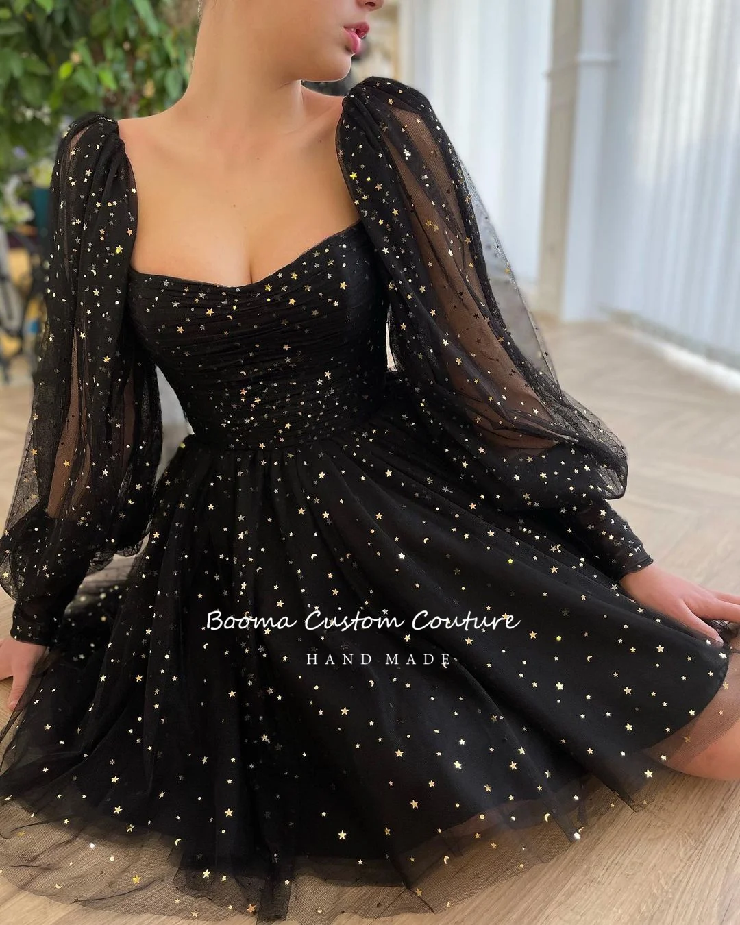 Booma Black Starry Tulle Mini Prom Dresses Long Puff Sleeves Pleated Short Homecoming Dresses Above Knee A-Line Party Dresses