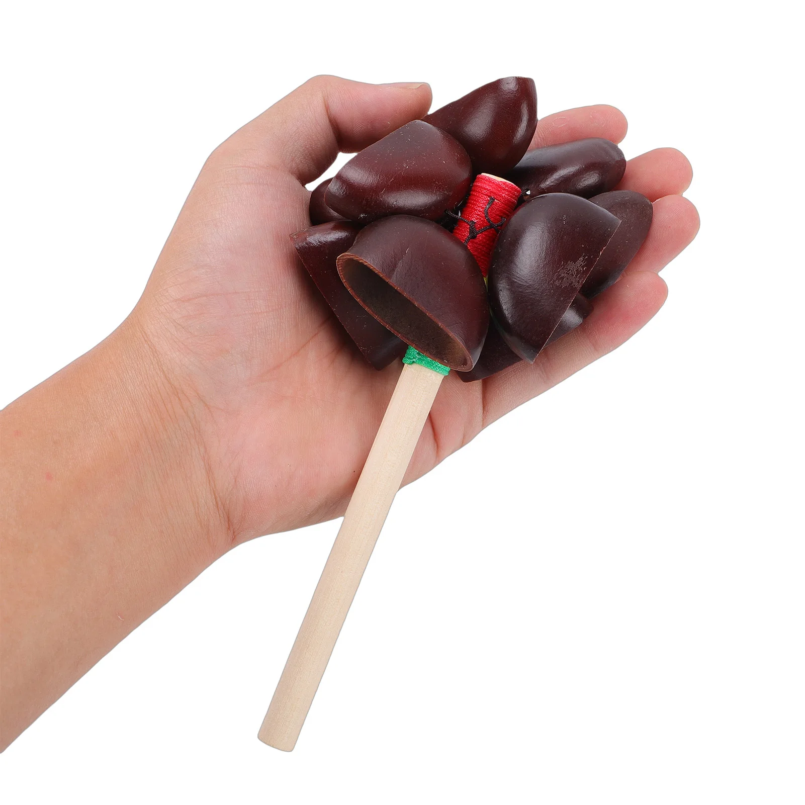 Campana de mano artesanal de cáscara de semilla, maraca, instrumento musical de percusión con mango de caoba para yoga y meditación