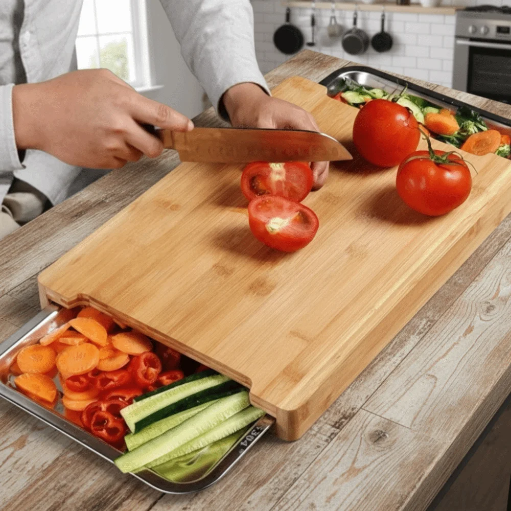 

Thickened Wooden Cutting Board with Drawers Non-Slip Cheese Board Natural Material Multi-Functional Cutting Plate Mat Kitchen