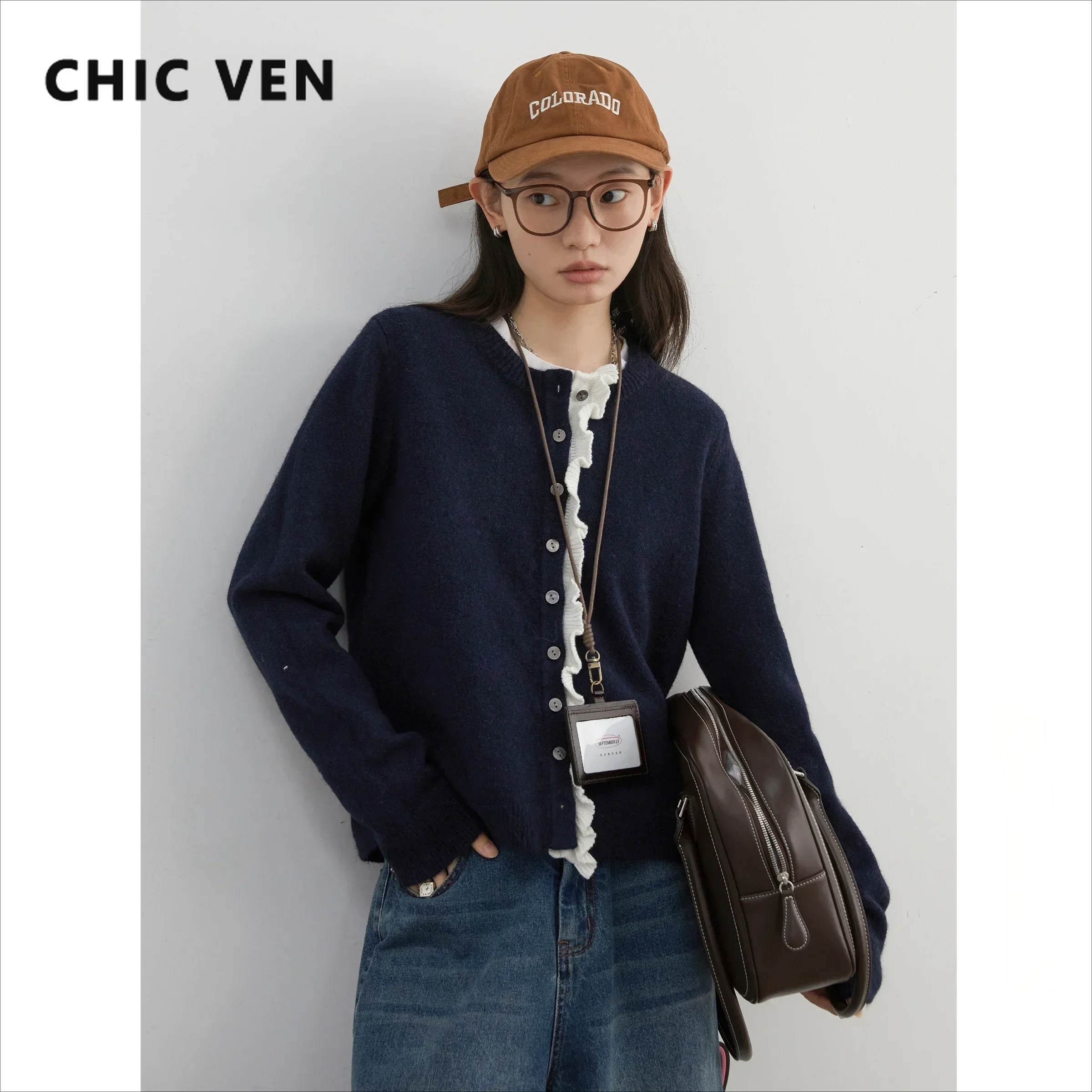 

CHIC VEN Women Sweaters Korean Round Neck Contrast Color Patchwork Lace Sweater Knitted Cardigan Female Top Autumn Winter 2024