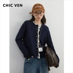 CHIC VEN Women Sweaters Korean Round Neck Contrast Color Patchwork Lace Sweater Knitted Cardigan Female Top Autumn Winter 2024