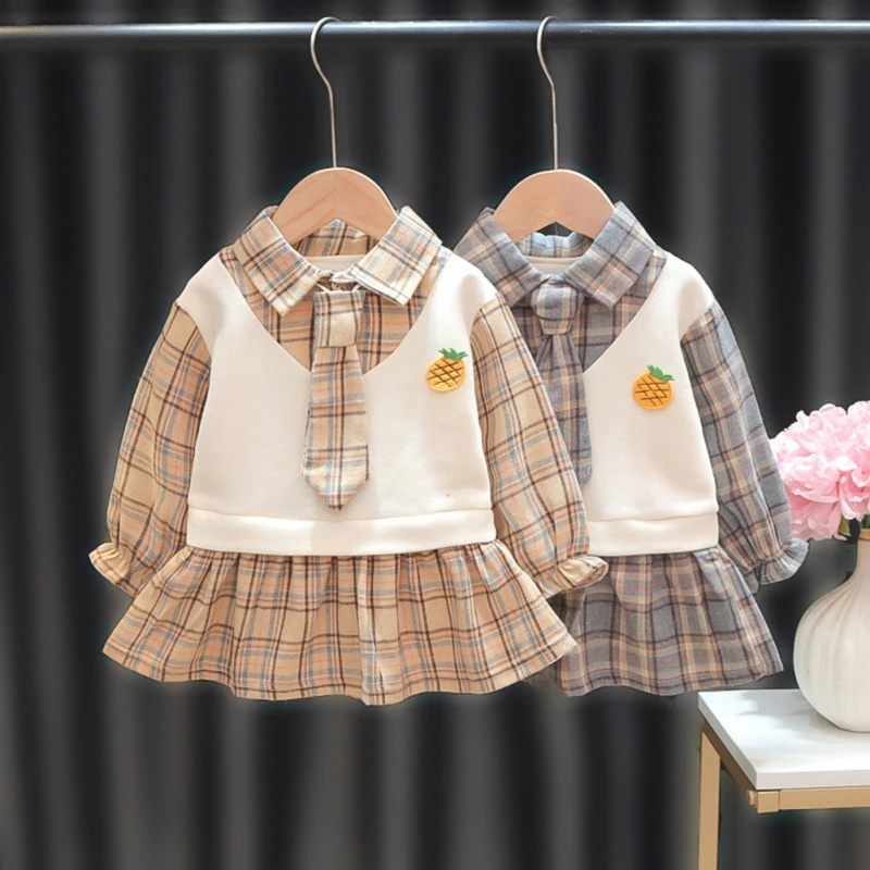 

Spring Autumn Children's Korean Version Girl Baby Princess Collar Plaid Long Sleeved Dress Girls' Sweet Skirt Clothing