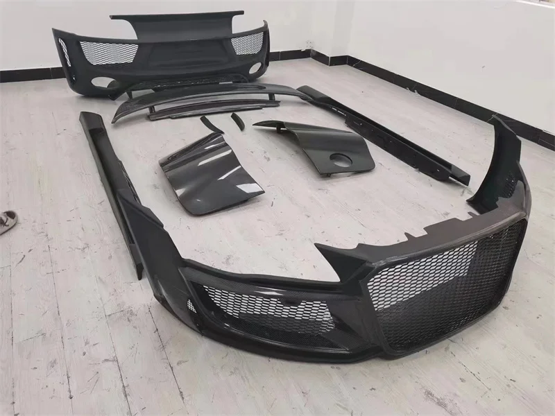 Regular style glass semi carbon fiber body kit for R8 front bumper rear bumper side skirt engine hood